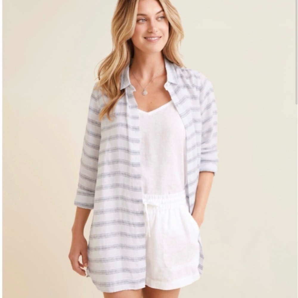 Garnet Hill Easy Linen Tunic in Salt/Sea Stripe, Size:M Like-New Condition